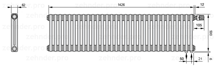 Схема (чертеж) Радиатор Zehnder Charleston 2050/31 №V002 Белый глянцевый RAL 9016
